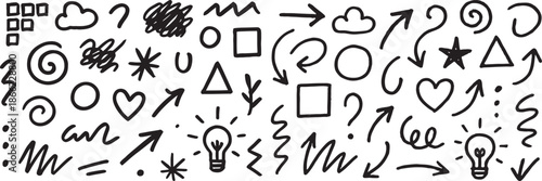 A collection of hand drawn doodles and symbols on a white background