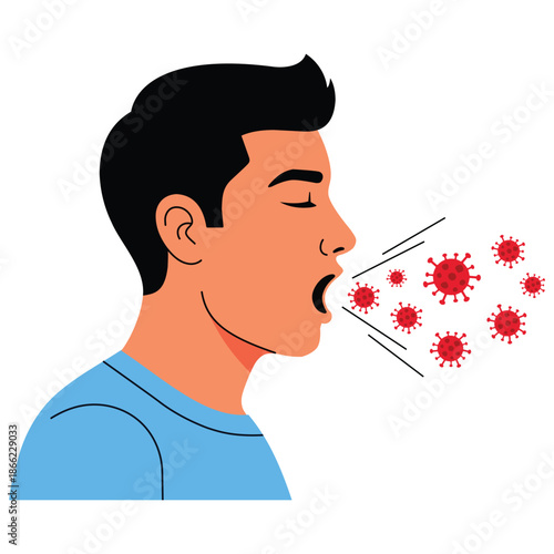 Spreading Risk: An illustrated portrayal of an individual sneezing, releasing contagious pathogens, emphasizing the importance of health awareness and preventive measures.