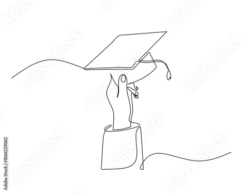 - Hand holding graduation cap with tassel drawn in minimalist continuous line illustration style