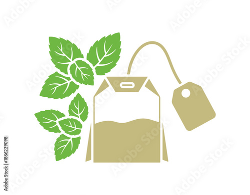 Icon depicting a mint tea bag.  Signifying a refreshing herbal drink.  Symbolizing Mentha leaves.  Design elements of high quality.  Classic style.  Vector illustration.
