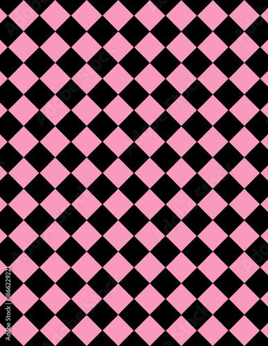 Pink and black diamond checkerboard pattern with high contrast. Seamless geometric background perfect for fashion, pop art designs, posters, and wallpapers.