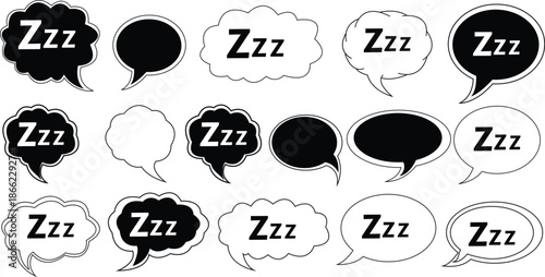 Zzz Icons of Dreams: A collection of various speech bubble illustrations with the Zzz text within, symbolizing sleep and dreams, ideal for concepts related to rest and the subconscious.