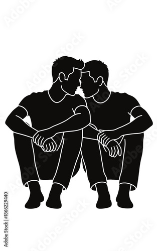 Two men sitting together silhouette, gay couple intimacy, same sex love and relationship