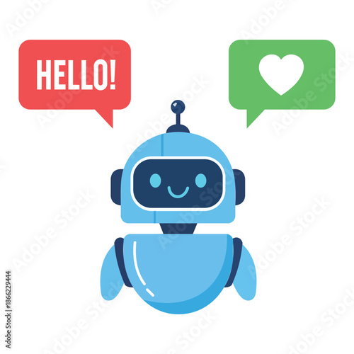 AI Robot Communication: A friendly AI robot engages in dialogue, conveying greetings and expressing positivity with speech bubbles. 