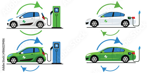 Eco-Friendly Fleet: Electric vehicles charging at a charging station. A symbol of environmental consciousness and future transport.