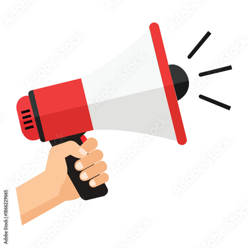 Megaphone's Call: A vector illustration depicts a hand firmly holding a red and white megaphone, conveying a sense of announcement and importance.
