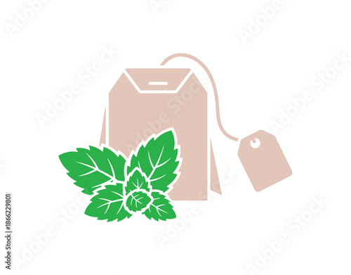 Mint tea bag icon in a simple design. Sign for a refreshing herbal drink. Symbol of Mentha leaves. Quality design aspects. Classic aesthetic. Vector format.