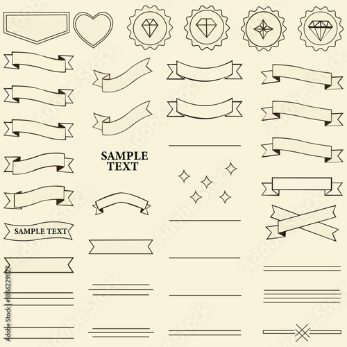 Elegant Emblems and Ribbons: A curated collection of vintage-inspired emblems, each a testament to timeless style. Accompanied by gracefully designed ribbons.