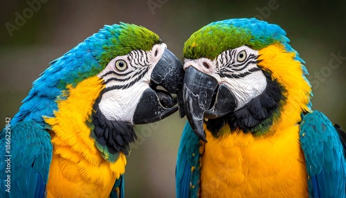 Close-up of two vibrant blue and yellow macaws facing each other.