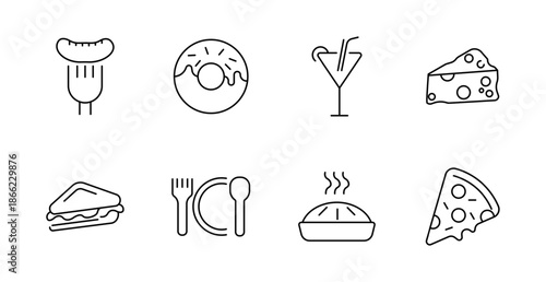 Food and snack set icon. Sausage on fork, donut, cocktail glass, cheese wedge, sandwich, plate with cutlery, pie, pizza slice, fast food and dessert items
