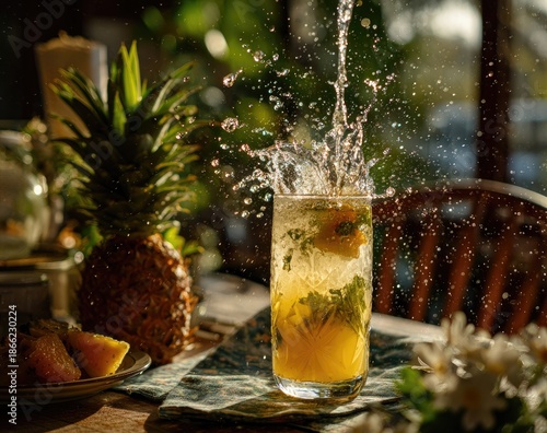 Sparkling pineapple drink splashing in a glass