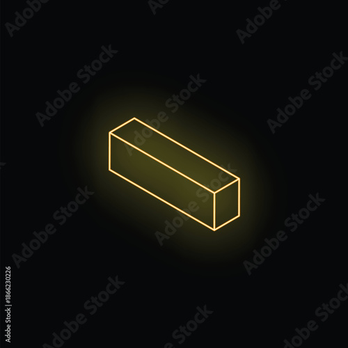 Neon yellow rectangular cuboid shape is glowing on a black background