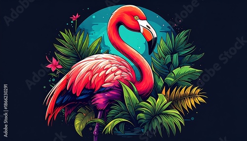 Vibrant Pink Flamingo Amidst Lush Tropical Foliage and Flowers.