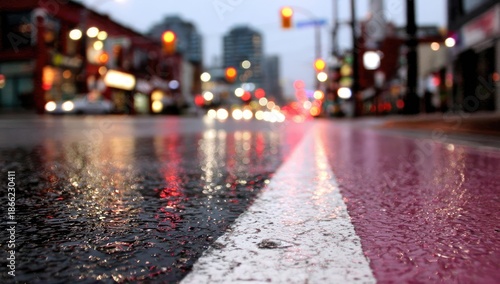 Wet city street at dusk, blurred background