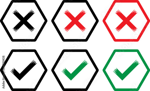 Hexagonal checkmarks and crosses set