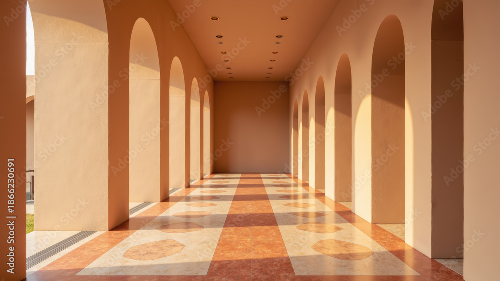 Obraz premium Spacious interior with warm tones, arches, and patterned flooring creates serene atmosphere. Natural light enhances architectural beauty