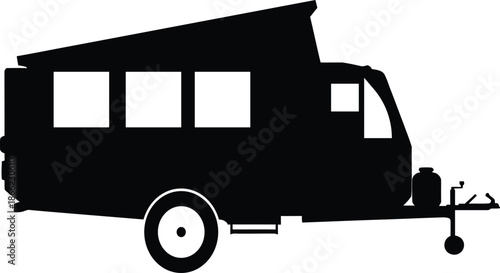 Black silhouette of a compact pop up camper trailer for off road travel and camping adventures featuring a modern design and raised roof isolated on white background illustration.