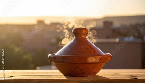 Steaming earthenware tajine dish at golden hour with blurred city skyline background