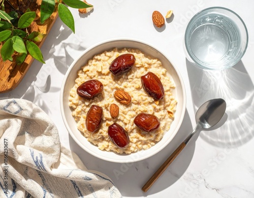 Healthy Oatmeal Breakfast With Dates And Almonds Illuminated By Bright Sunlight With Rippled Light Patterns On A White Table