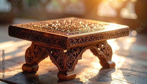 Ornate Dark Wood Low Table with Intricate Carvings Bathed in Golden Sunlight Outdoor Setting