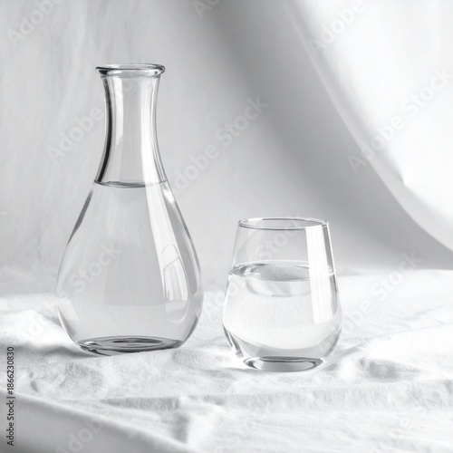 Clear Glass Carafe and Stemless Glass Filled With Water on White Fabric Background with Soft Drapery Lighting