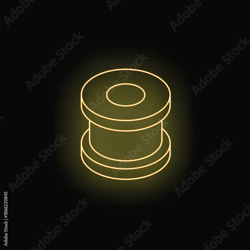 Neon yellow glowing thread spool icon on a black background, representing sewing and tailoring