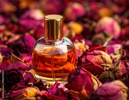 Elegant Perfume Bottle With Golden Cap Amidst Dried Red Roses Soft Lighting Creates Luxurious Ambiance