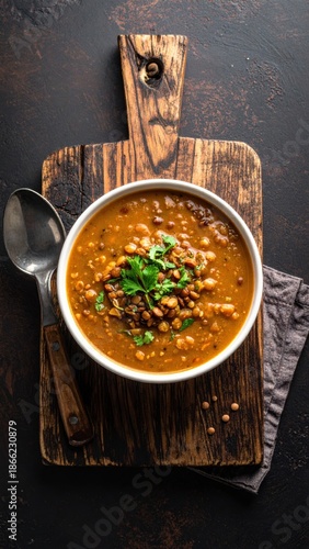 Hearty Lentil Stew With Fresh Parsley Garnish Served In A White Bowl On A Rustic Wooden Cutting Board With A Spoon And Dark Textured Background