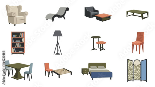 Collection of Modern Furniture Pieces Isolated.
