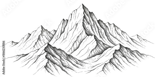 Detailed hand-drawn mountain range peaks landscape illustration isolated on white background