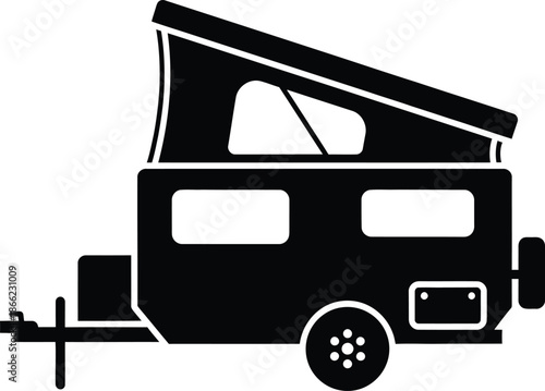 Black silhouette of a modern pop up camper trailer for off road camping and outdoor travel adventure featuring a compact design with raised roof isolated on white background.
