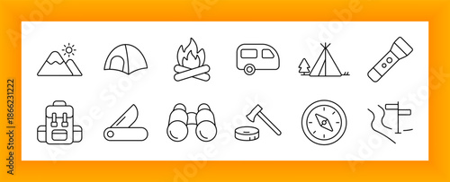 Camping and hiking set icon. Mountain, tent, campfire, backpack, flashlight, trailer, compass, binoculars, map, axe, and pocket knife shown in outdoor survival line icon style.