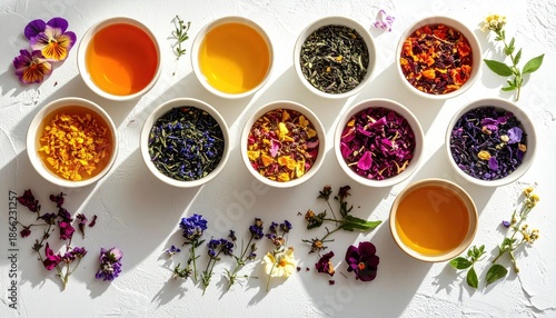 Colorful Herbal Tea Collection with Edible Flowers and Herbs.