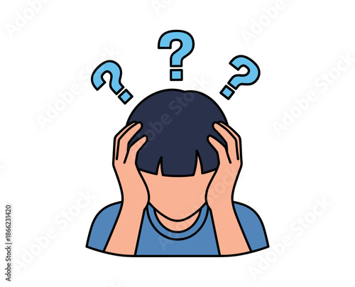 Vector cartoon illustration depicting a person feeling confused, holding their head, with floating question marks above them.