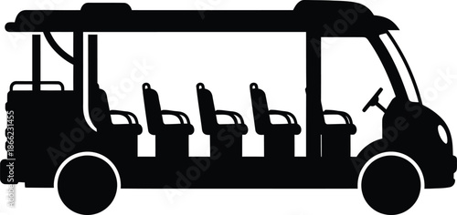 Black silhouette of a modern electric sightseeing bus icon or passenger shuttle car for tourist transportation in resorts and city tours isolated on a white background.