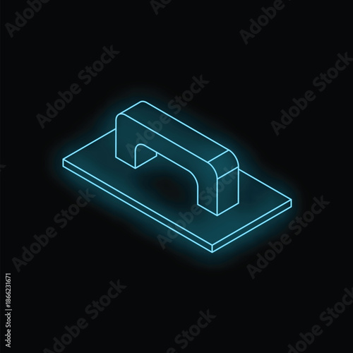 Neon blue glowing outline of a construction trowel on a dark background