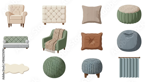 Collection of Various Furniture Pieces and Cushions.