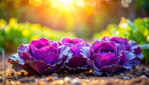Close-up of Vibrant Purple Ornamental Kale in Golden Sunlight.