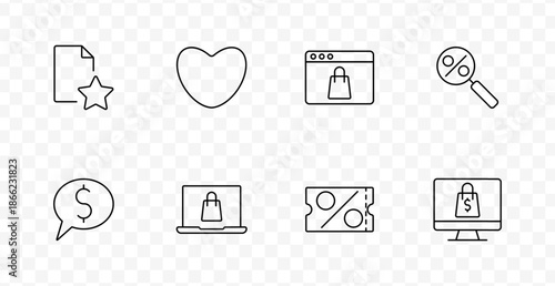 Online commerce set icon. Icons show document, heart, browser, magnifier, percent, speech bubble, laptop, coupon, and monitor in retail and promotional marketing themes.