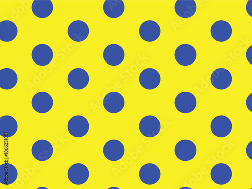 This image displays a high-contrast pattern featuring large, uniform blue polka dots evenly spaced on a vibrant yellow background. The circles are arranged in a repeating grid across the entire frame,