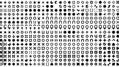 Massive collection of minimalist black geometric icons and Y2K symbols on a white background. Versatile vector set featuring stars, moons, hearts, and abstract shapes for modern branding