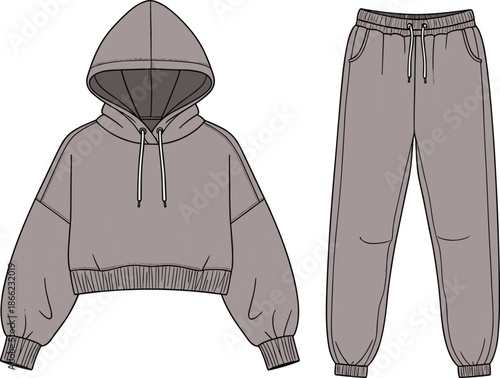 Muted gray cropped hoodie and jogger pants casual wear set, front view, drawstring hood and waistband, cad drawing flat vector, apparel template, garment design