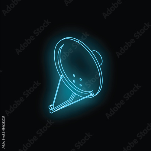 Neon glowing outline of a satellite dish receiving signal with copy space