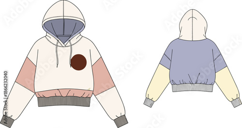 Color-blocked hoodie technical fashion sketch, front and back view, multi-color panels, drawstring hood, ribbed cuffs and hem, cad drawing flat vector, apparel template