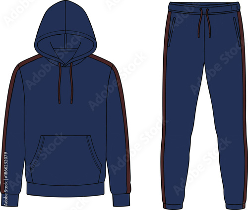 Navy hoodie and jogger pants athletic wear set, brown stripe detail, front view, casual outfit, cad drawing flat vector, apparel template, garment design