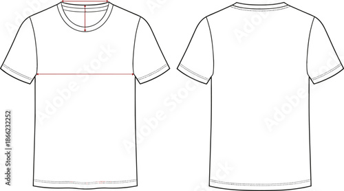 Short sleeve t-shirt technical drawing with measurement lines, front and back view, sizing dimensions, cad drawing flat vector, apparel template, garment specification, fashion sketch