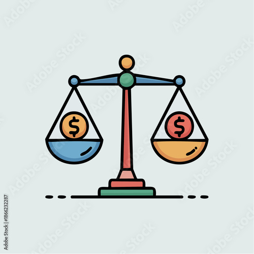 Vibrant illustration of a balanced scale with dollar coins, representing financial equality, economic equilibrium, and the delicate balance of wealth and value in business