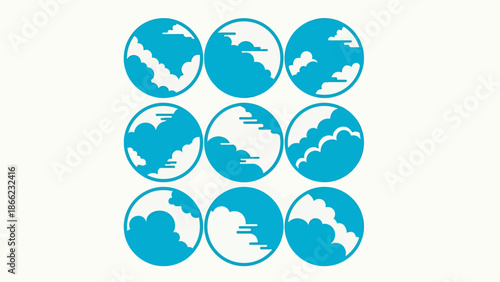 Set of nine blue and white cloud icons representing different weather conditions.