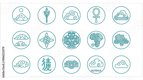 Collection of diverse circular icons representing various cultural and natural elements.