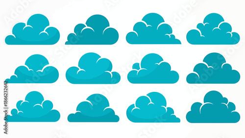 Set of twelve blue cartoon clouds in various shapes and sizes.